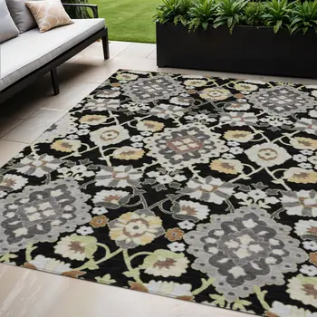 5' X 8' Black Gray And Brown Oriental Washable Indoor Outdoor Area Rug