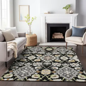 5' X 8' Black Gray And Brown Oriental Washable Indoor Outdoor Area Rug