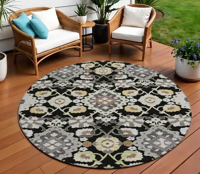 8' Black Gray And Brown Round Oriental Washable Indoor Outdoor Area Rug