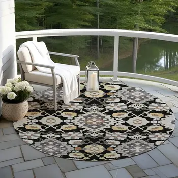 8' Black Gray And Brown Round Oriental Washable Indoor Outdoor Area Rug