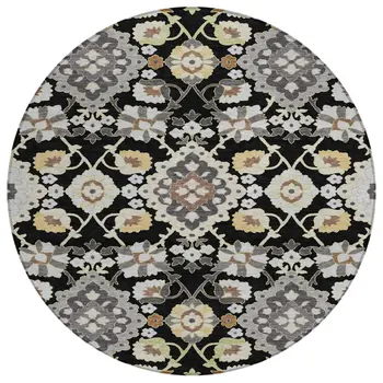 8' Black Gray And Brown Round Oriental Washable Indoor Outdoor Area Rug