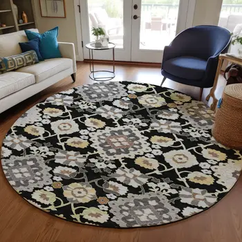 8' Black Gray And Brown Round Oriental Washable Indoor Outdoor Area Rug