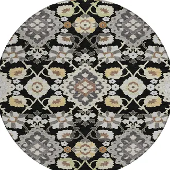 8' Black Gray And Brown Round Oriental Washable Indoor Outdoor Area Rug