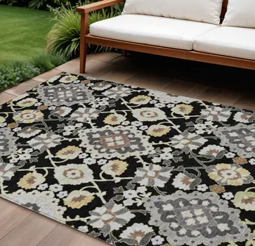 9' X 12' Black Gray And Brown Oriental Washable Indoor Outdoor Area Rug
