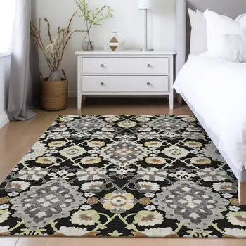 10' X 14' Black Gray And Brown Oriental Washable Indoor Outdoor Area Rug