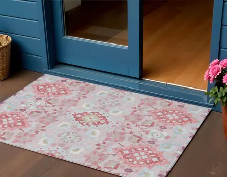 3' X 5' Blush Sky Blue And Brown Oriental Washable Indoor Outdoor Area Rug
