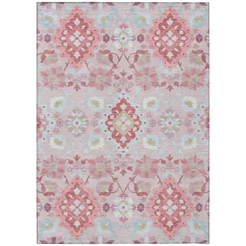 5' X 8' Blush Sky Blue And Brown Oriental Washable Indoor Outdoor Area Rug