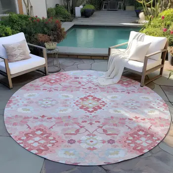 8' Blush Sky Blue And Brown Round Oriental Washable Indoor Outdoor Area Rug