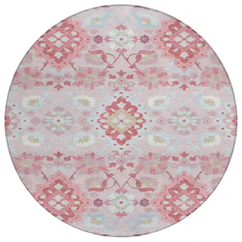 8' Blush Sky Blue And Brown Round Oriental Washable Indoor Outdoor Area Rug