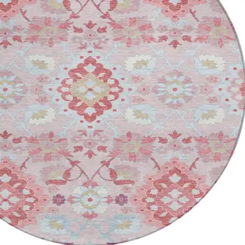 8' Blush Sky Blue And Brown Round Oriental Washable Indoor Outdoor Area Rug