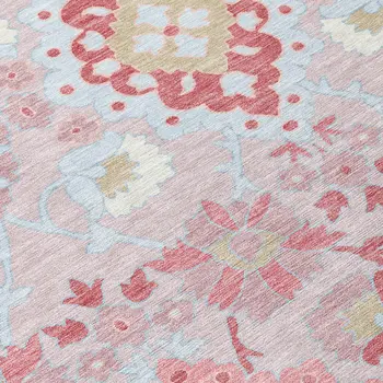 8' Blush Sky Blue And Brown Round Oriental Washable Indoor Outdoor Area Rug