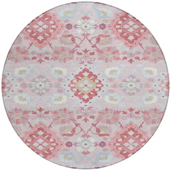 8' Blush Sky Blue And Brown Round Oriental Washable Indoor Outdoor Area Rug