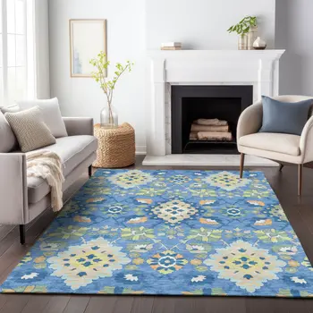 5' X 8' Blue Green And Orange Oriental Washable Indoor Outdoor Area Rug