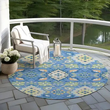 8' Blue Green And Orange Round Oriental Washable Indoor Outdoor Area Rug