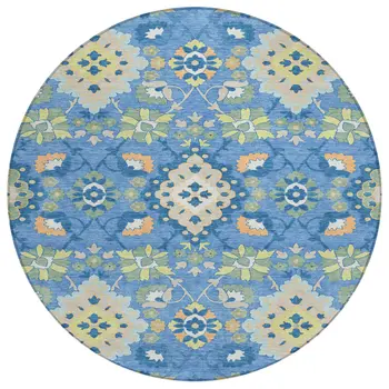 8' Blue Green And Orange Round Oriental Washable Indoor Outdoor Area Rug
