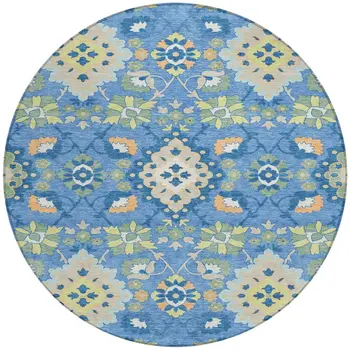 8' Blue Green And Orange Round Oriental Washable Indoor Outdoor Area Rug