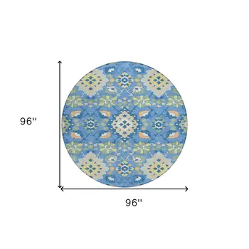 8' Blue Green And Orange Round Oriental Washable Indoor Outdoor Area Rug