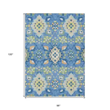 8' X 10' Blue Green And Orange Oriental Washable Indoor Outdoor Area Rug