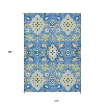 10' X 14' Blue Green And Orange Oriental Washable Indoor Outdoor Area Rug