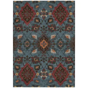 3' X 5' Denim Blue Brick Red And Brown Oriental Washable Indoor Outdoor Area Rug