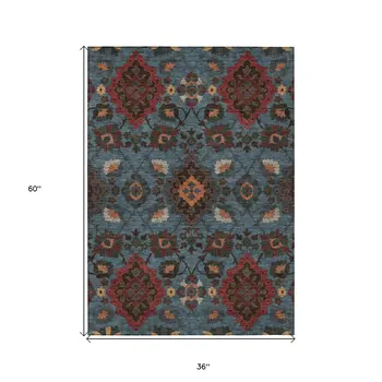 3' X 5' Denim Blue Brick Red And Brown Oriental Washable Indoor Outdoor Area Rug