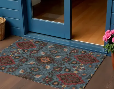 3' X 5' Denim Blue Brick Red And Brown Oriental Washable Indoor Outdoor Area Rug