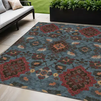 5' X 8' Denim Blue Brick Red And Brown Oriental Washable Indoor Outdoor Area Rug
