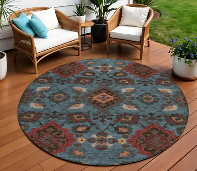 8' Denim Blue Brick Red And Brown Round Oriental Washable Indoor Outdoor Area Rug