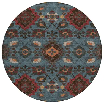 8' Denim Blue Brick Red And Brown Round Oriental Washable Indoor Outdoor Area Rug