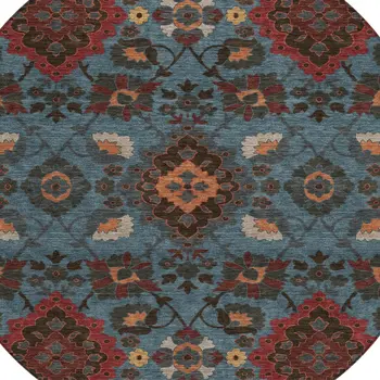8' Denim Blue Brick Red And Brown Round Oriental Washable Indoor Outdoor Area Rug
