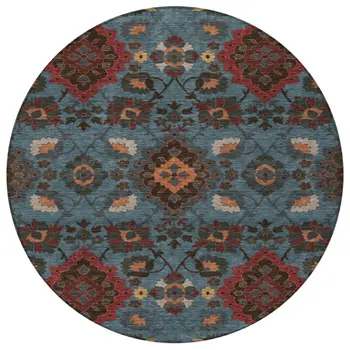 8' Denim Blue Brick Red And Brown Round Oriental Washable Indoor Outdoor Area Rug
