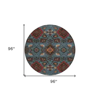 8' Denim Blue Brick Red And Brown Round Oriental Washable Indoor Outdoor Area Rug