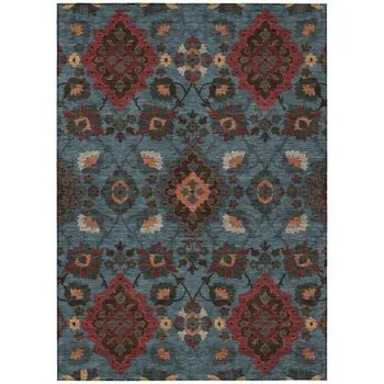 8' X 10' Denim Blue Brick Red And Brown Oriental Washable Indoor Outdoor Area Rug