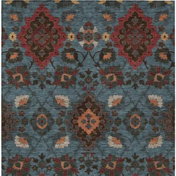 8' X 10' Denim Blue Brick Red And Brown Oriental Washable Indoor Outdoor Area Rug