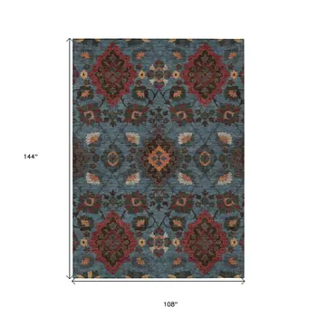 9' X 12' Denim Blue Brick Red And Brown Oriental Washable Indoor Outdoor Area Rug