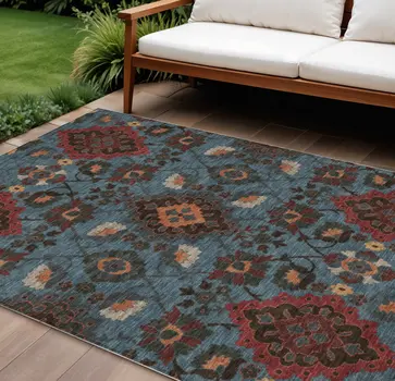 9' X 12' Denim Blue Brick Red And Brown Oriental Washable Indoor Outdoor Area Rug