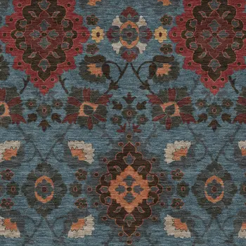 9' X 12' Denim Blue Brick Red And Brown Oriental Washable Indoor Outdoor Area Rug