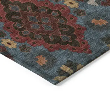10' X 14' Denim Blue Brick Red And Brown Oriental Washable Indoor Outdoor Area Rug