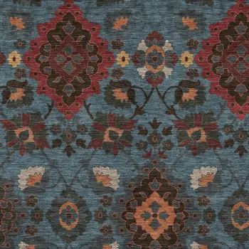 10' X 14' Denim Blue Brick Red And Brown Oriental Washable Indoor Outdoor Area Rug