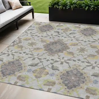 5' X 8' Gray Green And Brown Oriental Washable Indoor Outdoor Area Rug