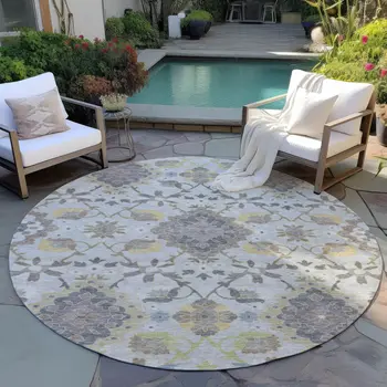 8' Gray Green And Brown Round Oriental Washable Indoor Outdoor Area Rug