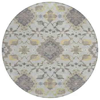 8' Gray Green And Brown Round Oriental Washable Indoor Outdoor Area Rug
