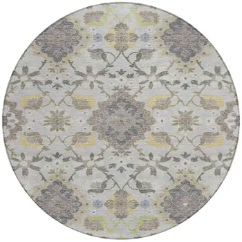 8' Gray Green And Brown Round Oriental Washable Indoor Outdoor Area Rug