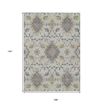 9' X 12' Gray Green And Brown Oriental Washable Indoor Outdoor Area Rug