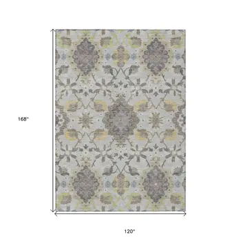 10' X 14' Gray Green And Brown Oriental Washable Indoor Outdoor Area Rug