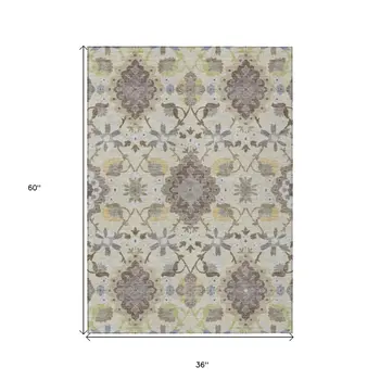 3' X 5' Ivory Brown And Green Oriental Washable Indoor Outdoor Area Rug