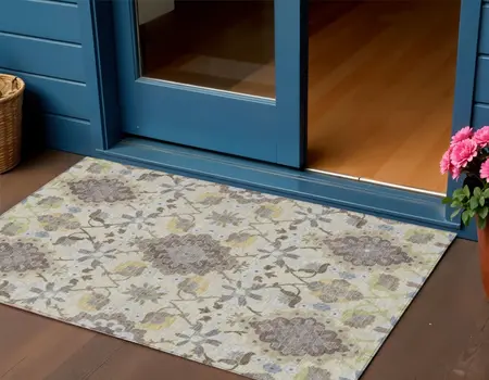 3' X 5' Ivory Brown And Green Oriental Washable Indoor Outdoor Area Rug