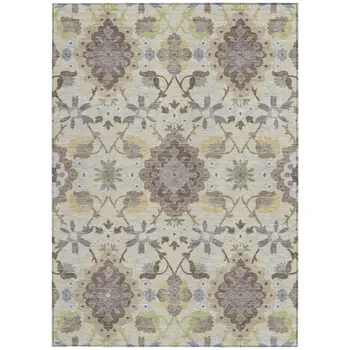 5' X 8' Ivory Brown And Green Oriental Washable Indoor Outdoor Area Rug