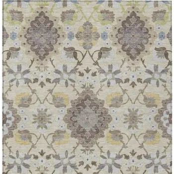 5' X 8' Ivory Brown And Green Oriental Washable Indoor Outdoor Area Rug