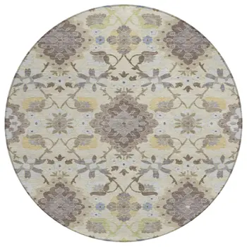 8' Ivory Brown And Green Round Oriental Washable Indoor Outdoor Area Rug